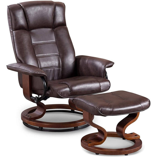 Leather Soft Swiveling Recliner Chair With Wrapped Swiveling Wood Base And Matching Ottoman, Furniture Casual Chair 9019, Brown