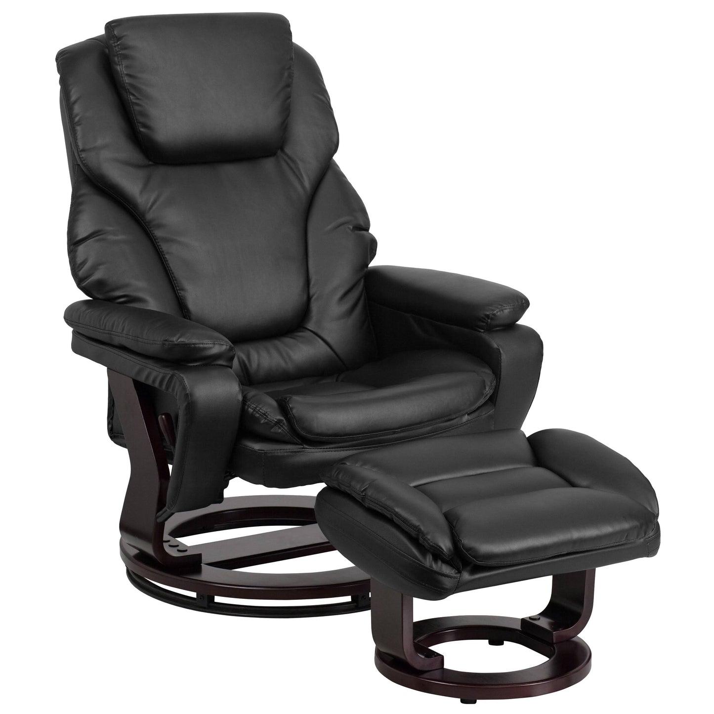 Leather Recliner And Ottoman With Swiveling Mahogany Wood Base, Black