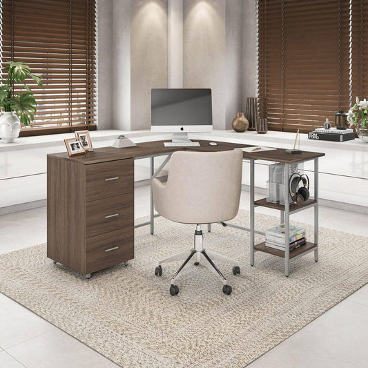 L-Shape Home Office Desk With Storage, Walnut