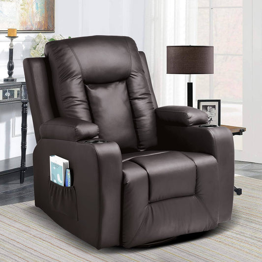 Leather Recliner Chair Modern Rocker With Heated Massage Ergonomic Lounge 360 Degree Swivel Single Sofa Seat With Drink Holders Living Room