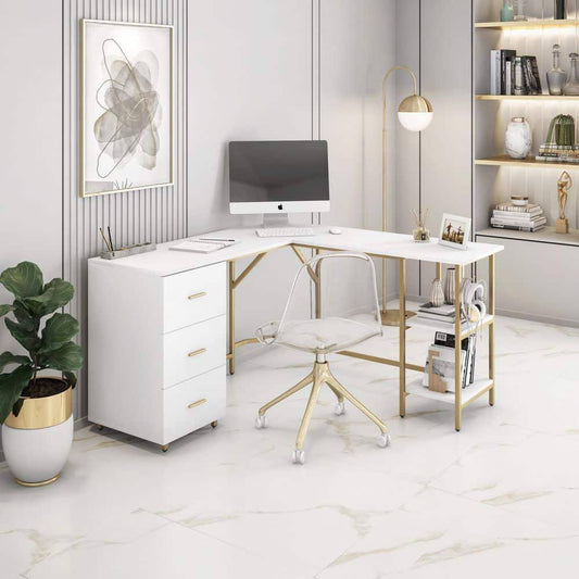 L-Shape Home Office Two-Tone Desk With Storage, Gold