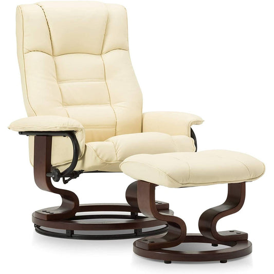 Leather Swiveling Recliner Chair With Wrapped Wood Base And Ottoman 9019