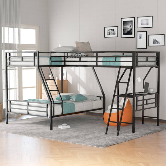 L-Shaped Metal Corner Bunk Bed With Two Ladders Twin Over Full